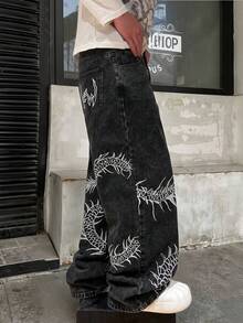 Manfinity EMRG 男士街頭風休閒刺繡黑色牛仔褲 - 黑色 - 查看 6