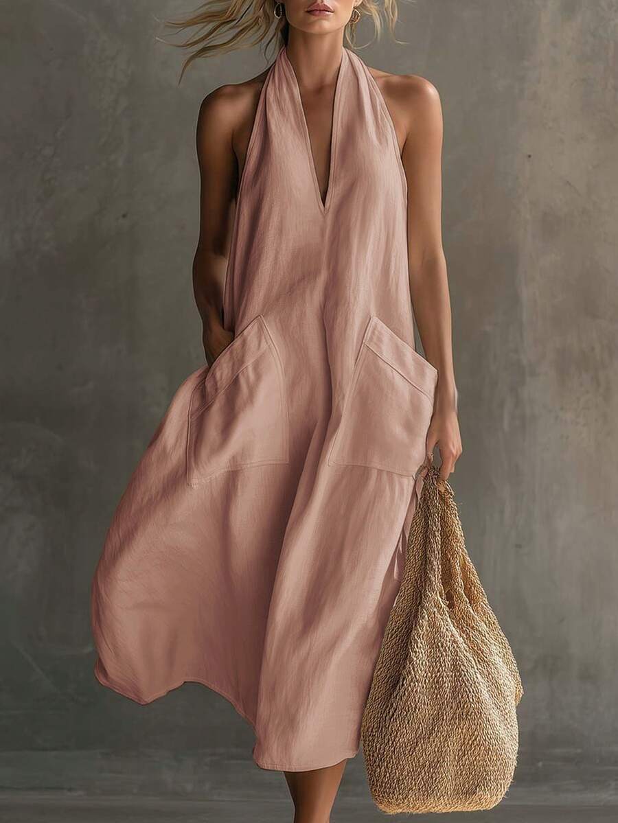 Balvessa Women's Solid Color Double Pocket Fashion Halter Neck Dress - Pink - View 1