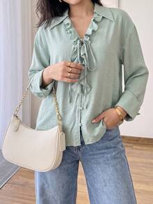 Solavon Women's Solid Color Casual Versatile Daily Long Sleeve Shirt - Blue - View 4