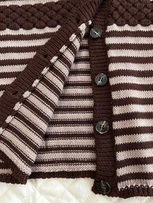 Elamini Women's Striped Contrast Color Button Square Neck 3/4 Sleeve Cute Delicate Versatile Knit Cardigan - Brown - View 7