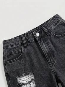 SHEIN 青少年女孩時尚百搭鈕扣口袋磨損鬆垮牛仔褲 - 黑色 - 查看 6