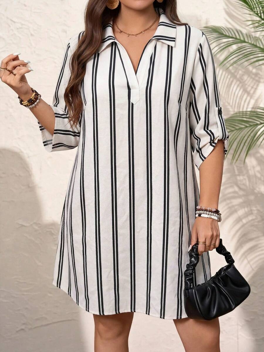 Comfylo Plus Size Women's Striped Colorblock Casual Everyday Dress - Black and White - View 1