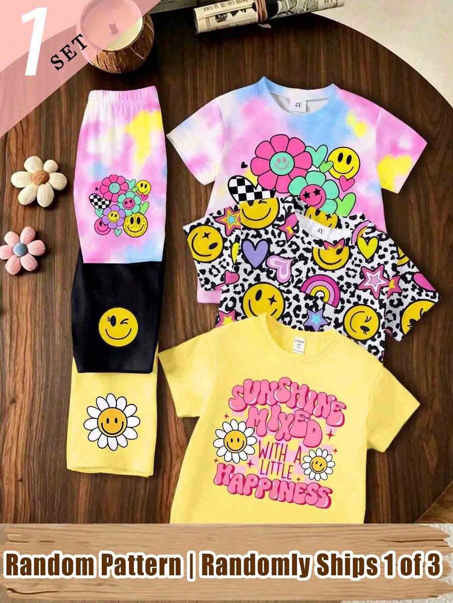 (Random 3 Sets,Send 1 Set)Summer Baby Girl Cartoon Face Flower Heart Star Rainbow Leopard Print Basic Short T-Shirt And Biker Shorts Set - Multicolor - View 1