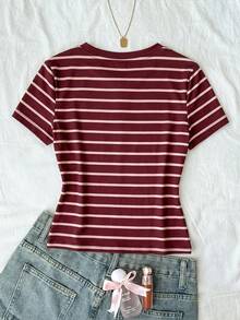 SHEIN 青少年女孩條紋休閒百搭日常短袖T恤 - 彩色 - 查看 2
