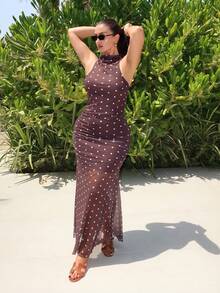MDEdit Elegant Black White Polka Dot Summer 2-Piece Set,Fashion Backless Halter Top & Fitted Mini Skirt Vacation Outfit,Sweet Y2K Tea Party Date Night Brown - Brown - View 6