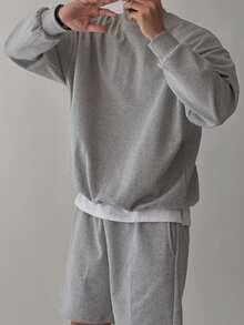 DAZY Sweatshirt Rajut Musim Semi/Gugur Lengan Panjang Kerah Bulat dengan Celana Pendek Pinggang Elastis, Set Sweatshirt Pullover Pria - Grey - View 2