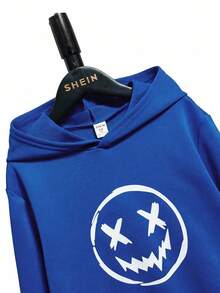 SHEIN Kids Tween Boy Cartoon Long Sleeve Smiling Face Print Sweatshirt Sweatshirt, Casual Daily Wear, Autumn/Winter - Blue - View 4
