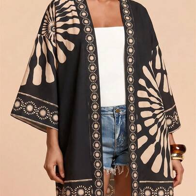 Women's Floral Print Drop Shoulder Long Sleeve Kimono Cover Up
