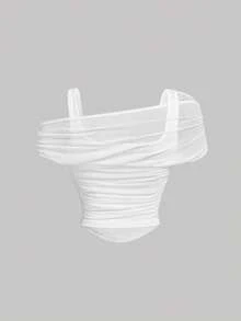 SHEIN MOD Top para mujer color albaricoque unicolor, sin mangas, con cubierta de malla - Blanco - Ver 2