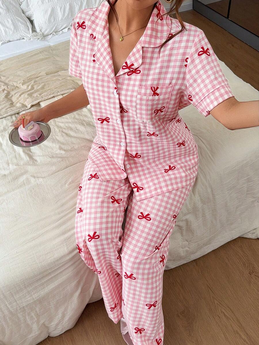 Napfluff 女款格紋蝴蝶結印花翻領短袖長褲睡衣套裝 - 彩色 - 查看 1