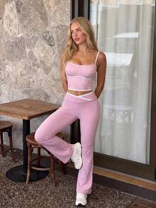 SHEIN Sovereign Charm Women's Colorblock Asymmetric Waist Flare Leg Sports Pants - Pink - View 3
