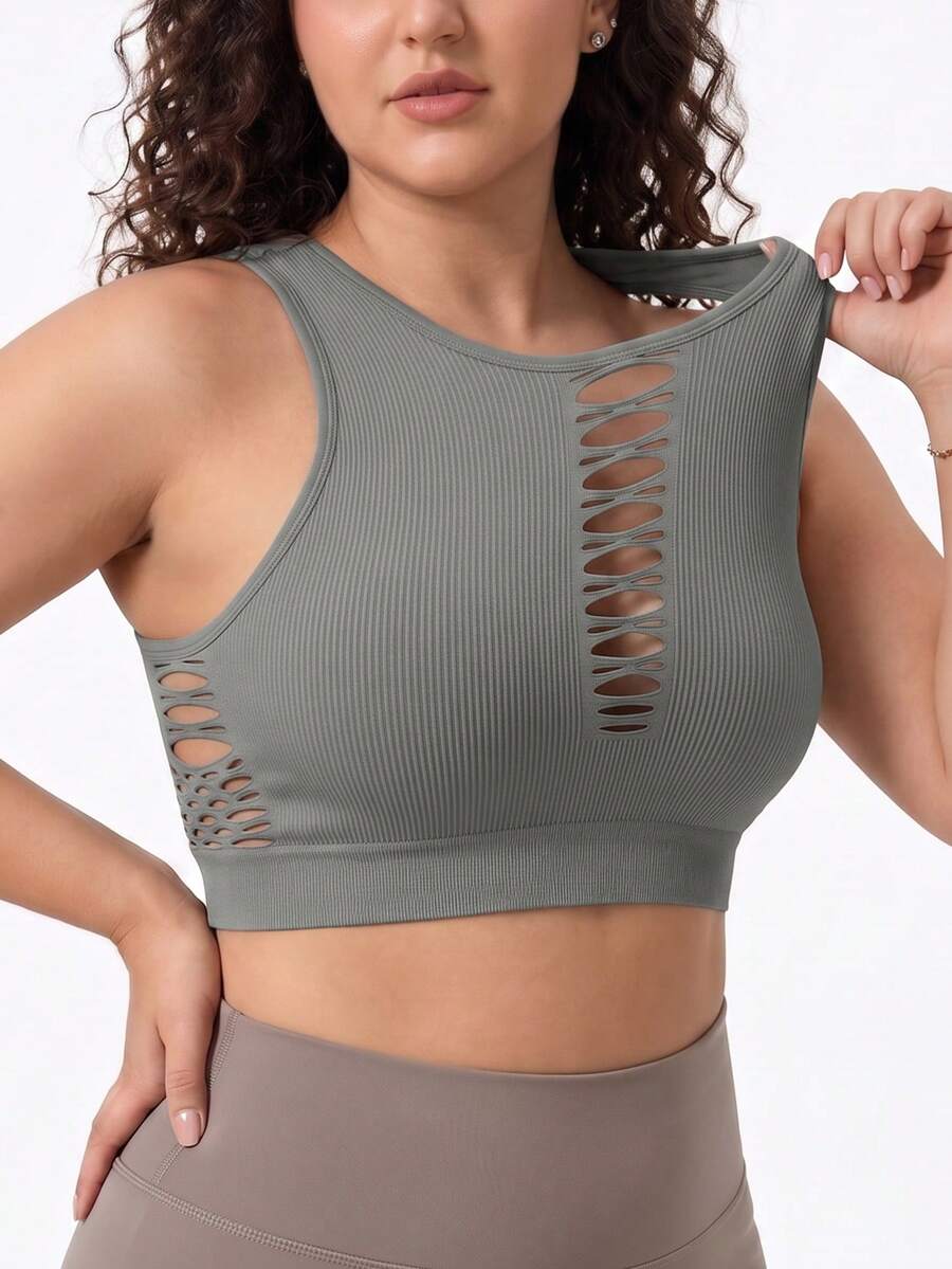 SHEIN Rhythm Era Women's Plus Size Solid Color Distressed Design Daily Fitness Workout Tank Top - Grey - View 1