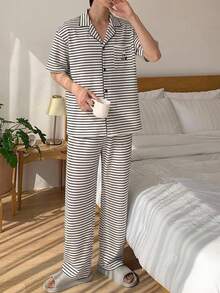 DAZY 春/夏條紋T恤與彈性腰長褲男士居家服套裝 - 彩色 - 查看 6