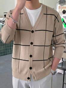 DAZY 男士春秋長袖V領前開扣針織上衣，羅紋下擺與袖口 - 卡其色 - 查看 7