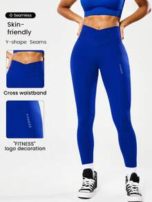Easithlete Women's Letter Print Casual Modest Athleisure Versatile Daily Travel Sports Tight Leggings Gym Summer - Royal Blue - View 3