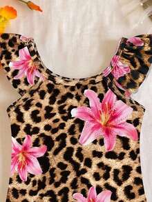 SHEIN 豹纹、芙蓉花、火焰树、海滩度假、#椰子女孩、女婴休闲修身吊带连体泳衣、适合夏季、公主风、小星星、女婴泳装、浪漫假期 - 彩色 - 查看 3