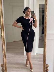 SHEIN Lady CURVE Plus Size Women's Bow Decor Round Neck Short Sleeve Fitted Elegant Casual Dress Formal Brunch Black Summer - Pink - View 6
