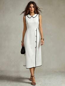 SHEIN Franclia 女士优雅夏季休闲简约金属装饰领开衩撞色连衣裙，适合日常通勤 - 黑與白 - 查看 1