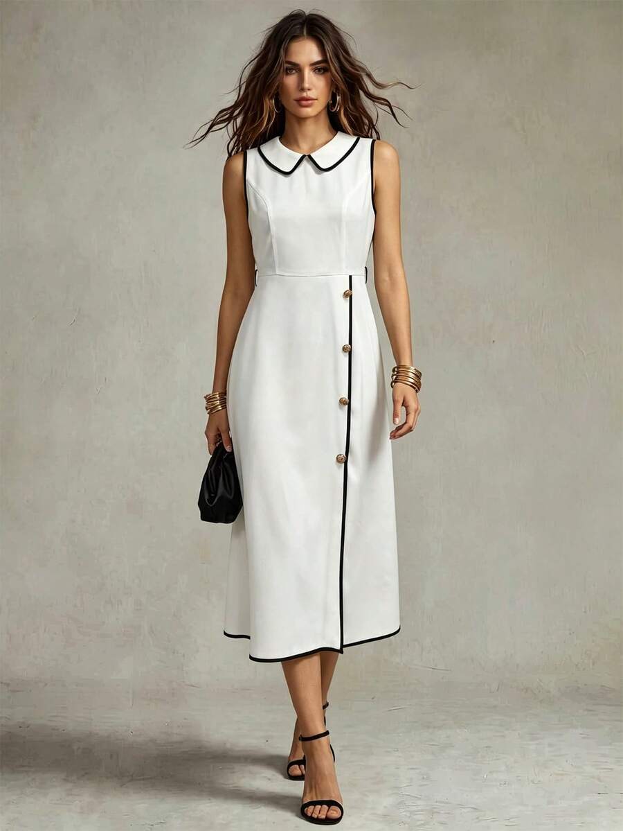 SHEIN Franclia 女士优雅夏季休闲简约金属装饰领开衩撞色连衣裙,适合日常通勤 - 黑與白 - 查看 1