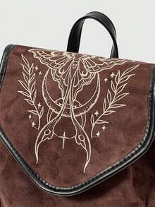 ROMWE Grunge Punk Tas Ransel Bordir Penyihir Gotik dengan Ekstrak Tanaman Pakis Ulat Bulan, Tas Sekolah Berumbai Tali Serut Suede - coklat tua - View 3