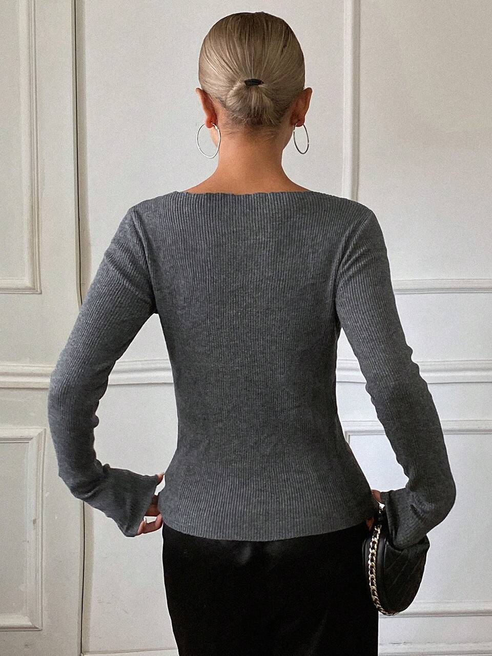 Women's Solid Color Fitted Long Sleeve Asymmetrical Neckline Elegant Sexy Vacation Casual Spring Autumn Pullover Knit Sweater Office Grey