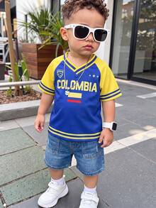 SHEIN Baby Boys 1 Piece Vintage Loose Sporty V-Neck Number 91 Pattern Short Sleeve Colorblock Top, Soft Comfortable Fashionable Sporty Casual Style Suitable For Spring/Summer Outdoor Sports Play Vacation Daily Travel - Blue - View 5