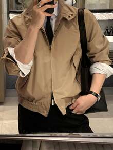 DAZY Khaki Double Zipper Placket Stand Collar Snap Button Hem Elastic Cuffed Men's Jacket And Coat Fall - Khaki - View 1