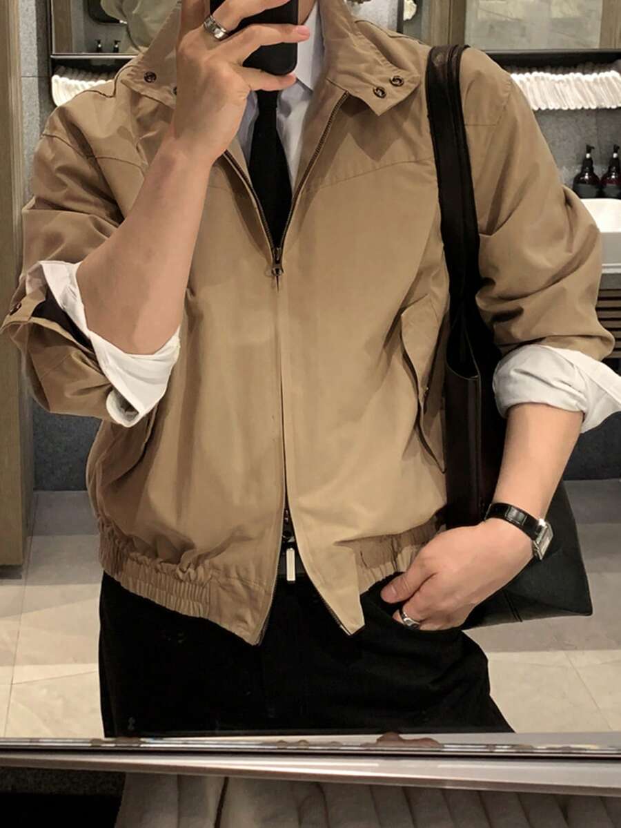 DAZY Khaki Double Zipper Placket Stand Collar Snap Button Hem Elastic Cuffed Men's Jacket And Coat Fall - Khaki - View 1