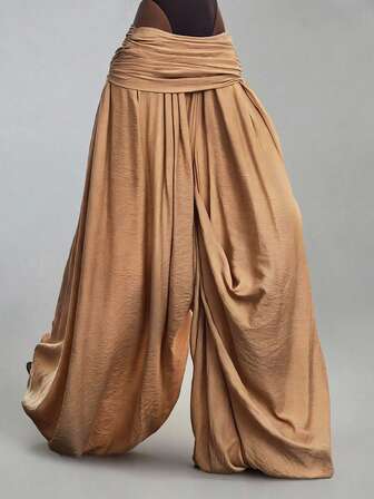 Y2K Damen-Lange Hose in Karamellfarbe für den frühen Herbst, Oversized, mit geraffter Taille und Raffdetails