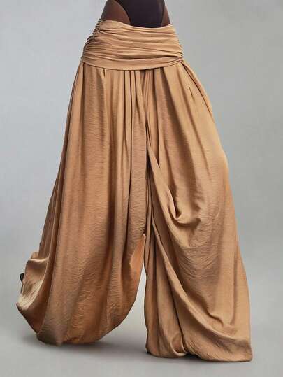 Y2K Damen-Lange Hose in Karamellfarbe für den frühen Herbst, Oversized, mit geraffter Taille und Raffdetails