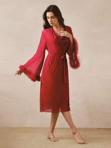 Hourtrue 3D Lace Mesh Long Robe, Cowl Neck Knit Cami Robe, Women's Sleepwear Set - Burgundy - View 9