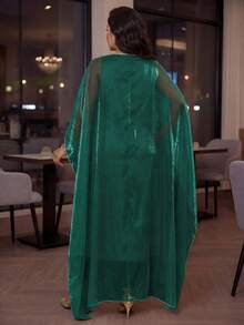 SHEIN Lady CURVE Plus Size Elegant Formal Elegant Party Evening Wedding Sequin Embroidered Mesh Dress Dark Green Summer Vacation - Dark Green - View 2