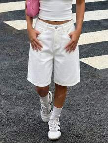 Teen Girl Zipper Button Pocket Low Waist Denim Shorts - White - View 2