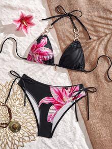 Swim Vcay 女款度假時尚花卉印花金屬扣掛脖繫帶背心與三角比基尼泳褲套裝 - 黑色 - 查看 4