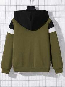 SHEIN 大童男孩休閒舒適拼接連帽字母圖案運動衫外套，適合春夏秋冬，適合戶外玩耍、學校、街頭風格、派對與居家休閒，高 CP 值 - 軍綠色 - 查看 2