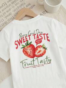 SHEIN Baby Girl Knit Solid Color Strawberry Pattern Round Neck T-Shirt And Plaid Long Pants 2pcs Set - Red and White - View 4