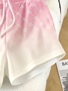 Resyla Conjunto de camiseta de hombros regulares y pantalones cortos de ajuste holgado con estampado degradado - Rosa - Ver 5