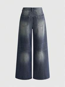 ROMWE Y2K Casual Low Waist Wide Leg Printed Denim Jeans For Women - Blue - View 2