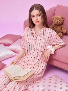 Notgurli Women's Heart Stripe Print Cardigan Short Sleeve Nightgown - Multicolor - View 5