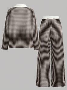 SHEIN 青少年女孩秋季復古歐美風 POLO 領拼接撞色條紋寬鬆休閒學院風長袖 T 恤與寬鬆直筒長褲 2 件套，適合日常休閒通勤百搭，返校穿搭 - 咖啡棕 - 查看 2