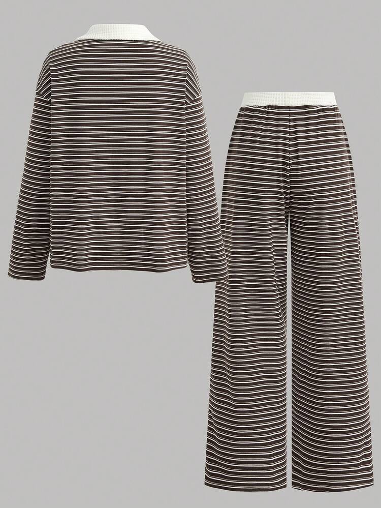 SHEIN Teen Girl Teen Girls T-Shirt Co-Ords Autumn Vintage European & American Style POLO Collar Patchwork Contrast Color Striped Loose Casual Preppy Long Sleeve T-Shirt & Loose Straight Leg Pants 2-Piece Set, Suitable For Daily Casual Commute Versatile, Back To School Outfit - Coffee Brown - View 2
