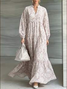 Weeklong Plus Size Olive Green Print V-Neck Button Tiered Maxi Dress, Boho Style For Vacation & Daily Wear Fall - Multicolor - View 1