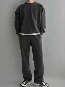 DAZY Spring/Autumn Short Long Sleeve Ribbed Hem & Cuff Design Grey Knit Pullover Sweatshirt For Men - Grey - View 5