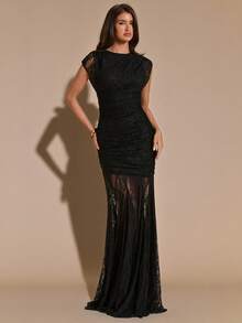 SHEIN BAE Black Lace Bodycon Elegant Fitted Ruched Dress, Black Lace Flowy Dress - Black - View 4
