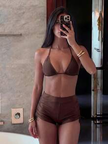 SHEIN Swim 女款抽繩抓皺短褲泳裝下身，適合海灘度假 - 棕色 - 查看 3