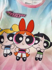 THE POWERPUFF GIRLS X SHEIN Baby Girl Round Neck Letter Cartoon Print Short Sleeve Top And Long Pants Casual Daily Home Sleepwear Set - Multicolor - View 4