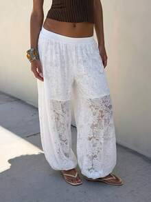 SHEIN BAE Pantalones de linterna blancos con encaje, cintura fruncida y bajo fruncido para mujer, adecuados para uso casual, uso diario, ir al trabajo, salidas casuales, pantalones de encaje blanco, pantalones de linterna de encaje blanco, salidas diarias, uso en casa, pantalones para ir al trabajo - Blanco - Ver 1