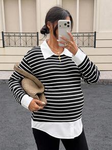 SHEIN Maternity Collared White Pattern Casual Soft Form 1960s Normal Loose Sweatshirt Autumn Outfit For Women Winter Gender Reveal Formal Homewear Office - Black - View 3