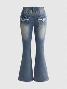 ROMWE Goth Jeans con bordado de alas de strass - Celeste - Ver 5