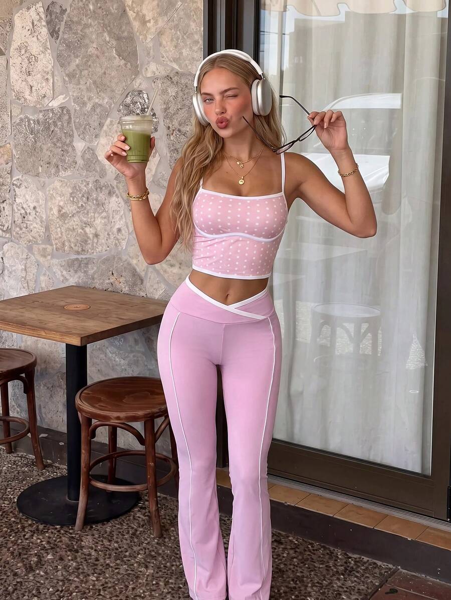 SHEIN Sovereign Charm Women's Colorblock Asymmetric Waist Flare Leg Sports Pants - Pink - View 1